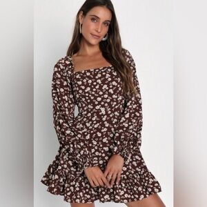 Lulu's Coy Charm Brown Floral Print Long Sleeve Mini Dress